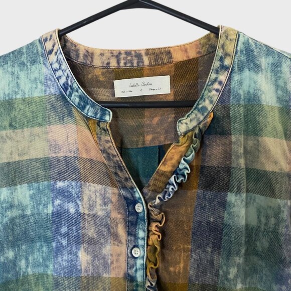 Anthropologie Ruffle Henley Top Women's Small Acid-Washed Tonal Check Tunic - Picture 5 of 11